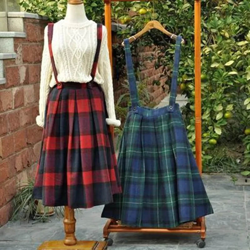 

Japanese School Skirt Spring Autumn Preppy Style Woollen Pleated Plaid Skirt Vintage Mori Girl Overalls Suspender Skirts saias