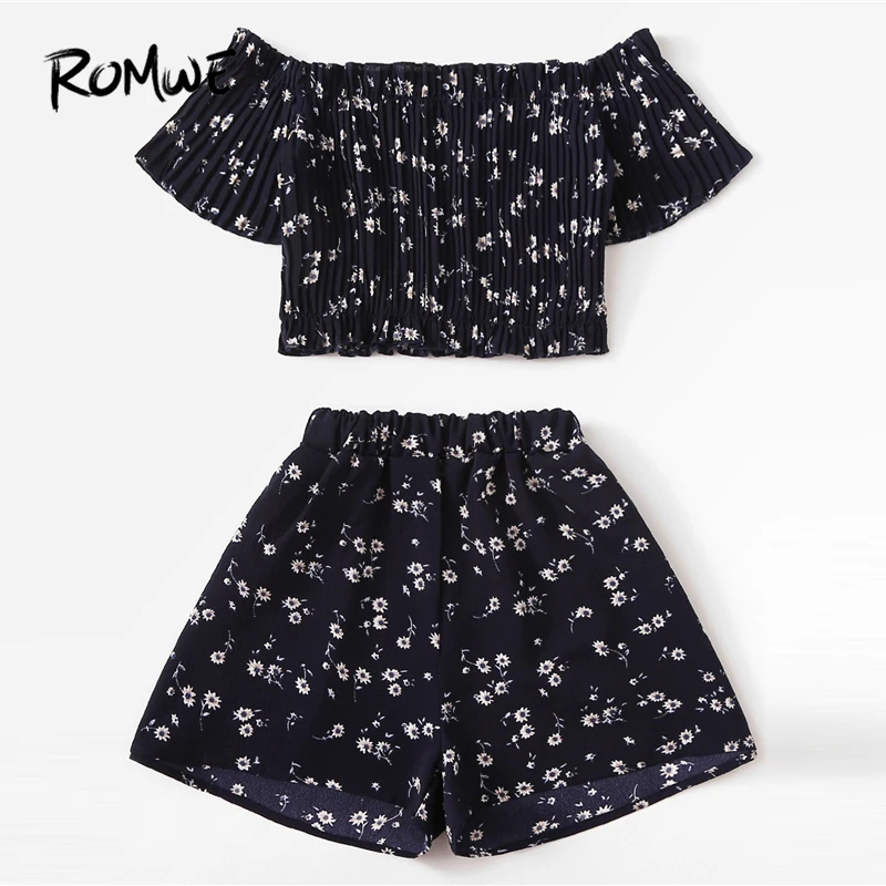ROMWE, темно-синий топ с открытыми плечами и цветочной оборкой с шортами, комплекты из двух предметов для женщин, богемный пляжный стиль, летние шорты, Co-ords