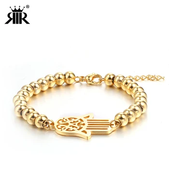 

RIR New Arrival Stainless Steel Gold Round Bead Hamsa Fatima Hand Bracelet with Lobster Clasp