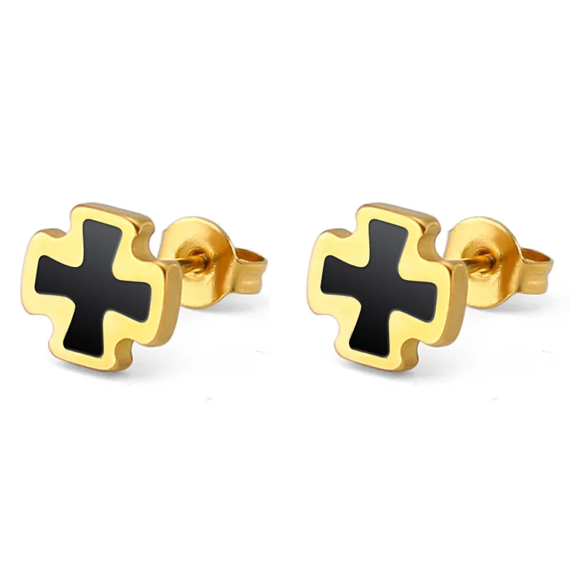 

2019 Punk Barbell Orthodox Cross Stainless Steel Titanium Steel Gossip Pattern Plastic Dripping Oil Earrings Puncture Jewelry