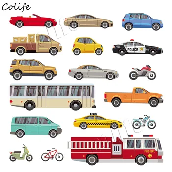 

17pcs/lot Multiple Cars Patches For Children Badge Washable Stickers On Clothes DIY Heat Transfers Cool Bus Iron On Appliques