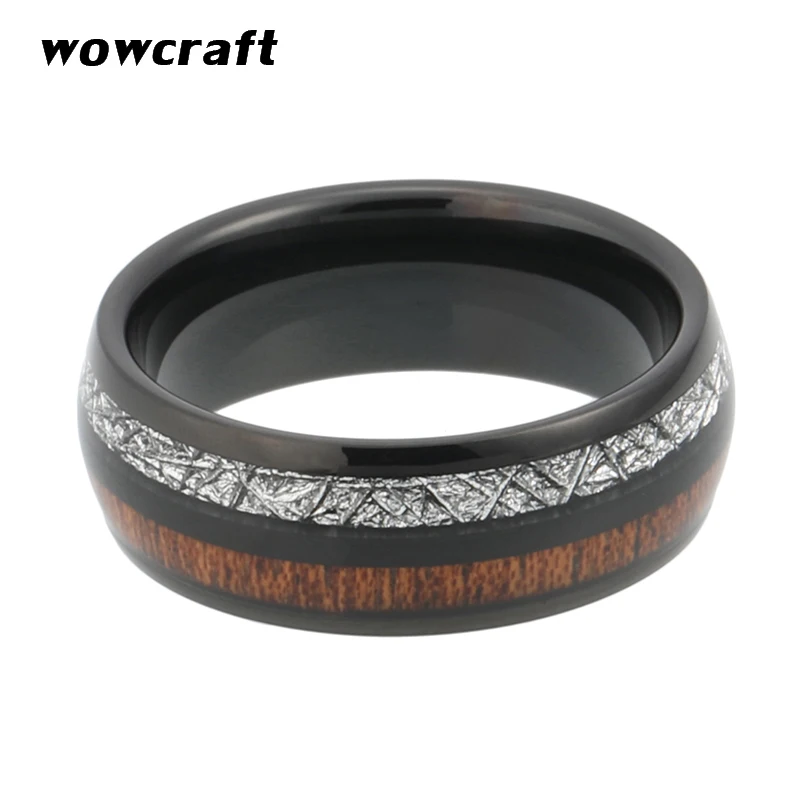 8mm Black Tungsten Carbide Ring for Men Women Wedding Band Real Koa Wood Meteorite Inlay Couple Rings Rose Gold Silver Colors