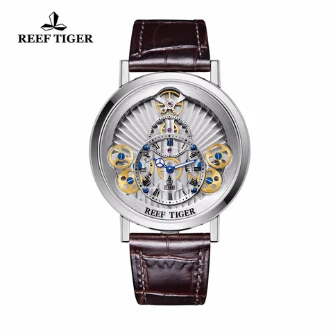 Relógios para Homens Pulseira de Couro Relógios de Quartzo Roda de Engrenagem Recife Tigre Designer Esqueleto Genuíno Rga1958 2019 – rt