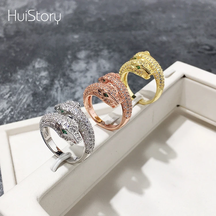 

HUISTORY Golden Color Green Eyed Double Leopard Head Open Ring With 3A Zircon Fashion Women Trendy Jewelry Rings For Party Gift
