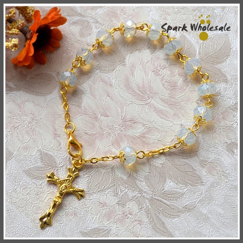 

25pcs/lot Catholic Gold Capped Transparent Glass Bead Rosary Bracelet Religious Cross Charm Bracelet Communion Baptism Favors