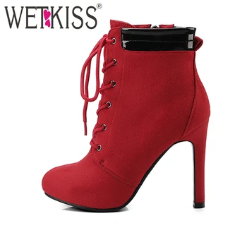 

2018 Plus Size 34-43 Lace up Ankle Boots Women Side Zipper High Heels Shoes Woman Autumn Inner Platform Boots Female Footwear