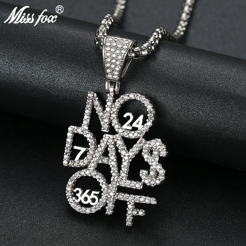 

Missfox Time Pendant Necklace No Day Off English Stitching Men Zircon Golden Copper Jewelry Hip Hop Top Quality Mens Necklace