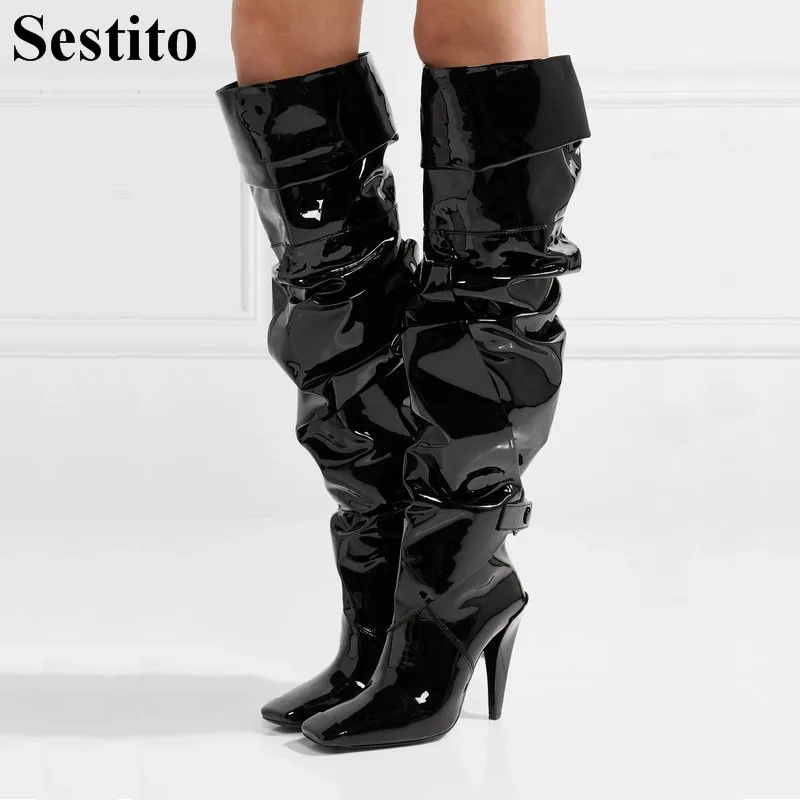 

2018 Fashion Black Pleated Spike Heels Boots Woman Square Toe Knee-High Boots Women Slip-on Long Boots Autumn Winter Women Shoes