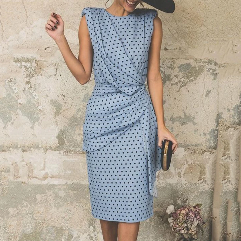 

Dress Women Vintage Polka Dot Sleeveless O Neck Sheath Summer Dress Elegant Women Evening Party Dress Plus Size vestidos H40