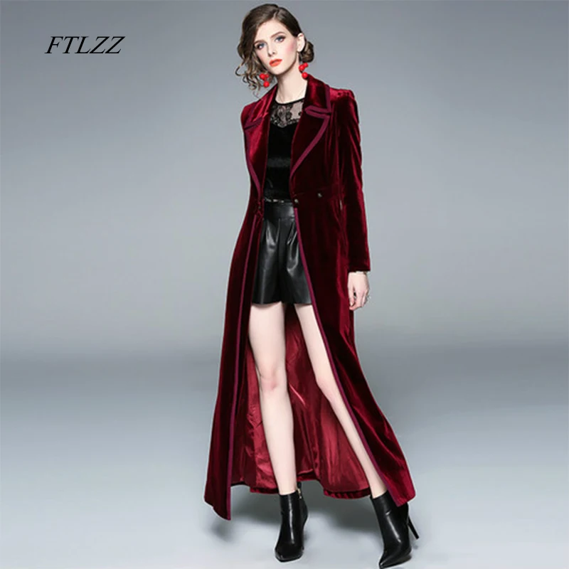 

FTLZZ Women Vintage Notched Collar Wrap Black Velvet Maxi Coat Thick Warm Long Trench Coat Outwear