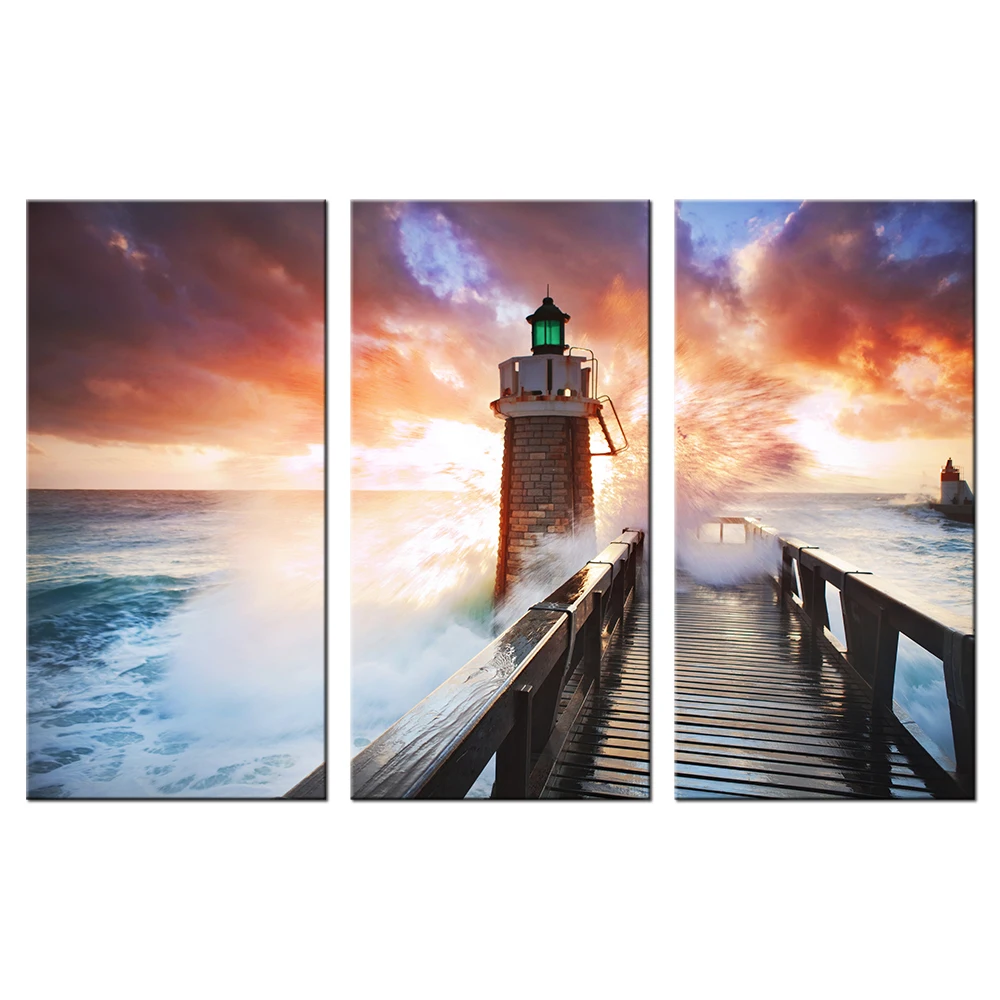 Lighthouse In large Sea Waves Canvas Wall Art Painting Modern Sunset