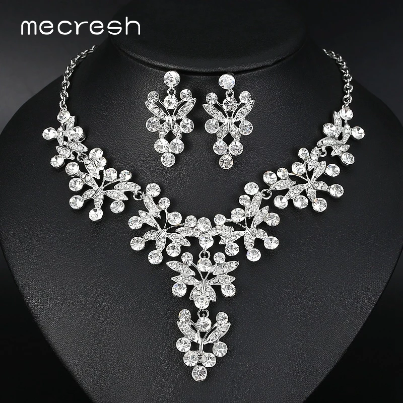Mecresh Leaf Crystal Bridal Jewelry Sets For Women Silver Color Geometric Statement Necklace Set Fashion Wedding MTL525 | Украшения и