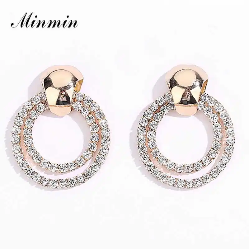 

Minmin Gold Color Double Layer Round Long Drop Earrings for Women Shining Rhinestone Small Circle Earrings Korean Jewelry EH1466