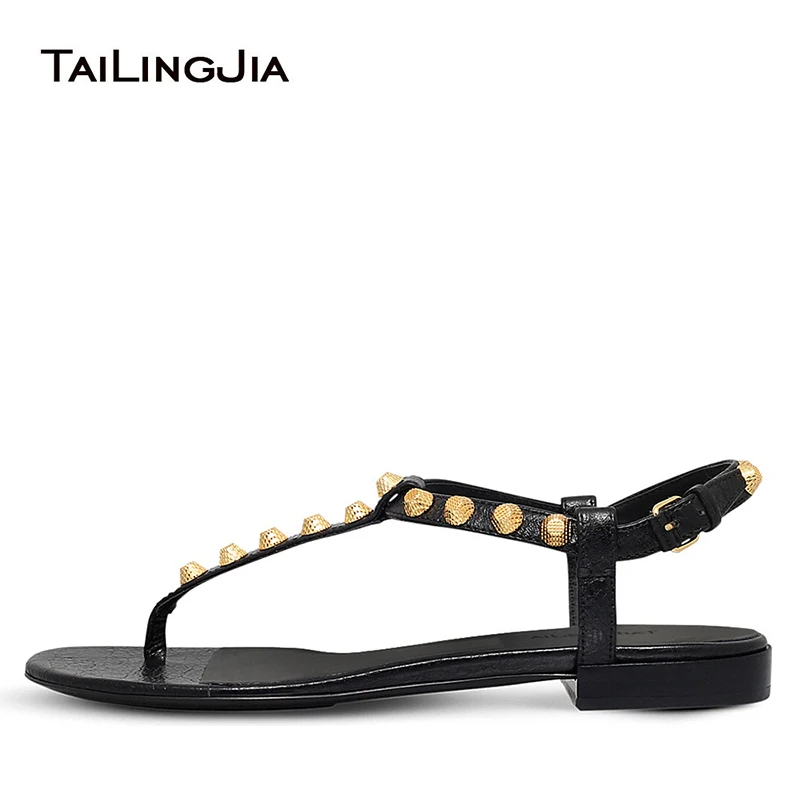 

Giant Studs Flats Black Sliver T-bar Beach Shoes Flat Thong Sandals for Women Strappy Vacation Studded Shoes Large Size 2018
