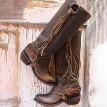 Женские винтажные сапоги до колена; модная женская однотонная обувь на плоской подошве с пряжкой; Хорошие сапоги