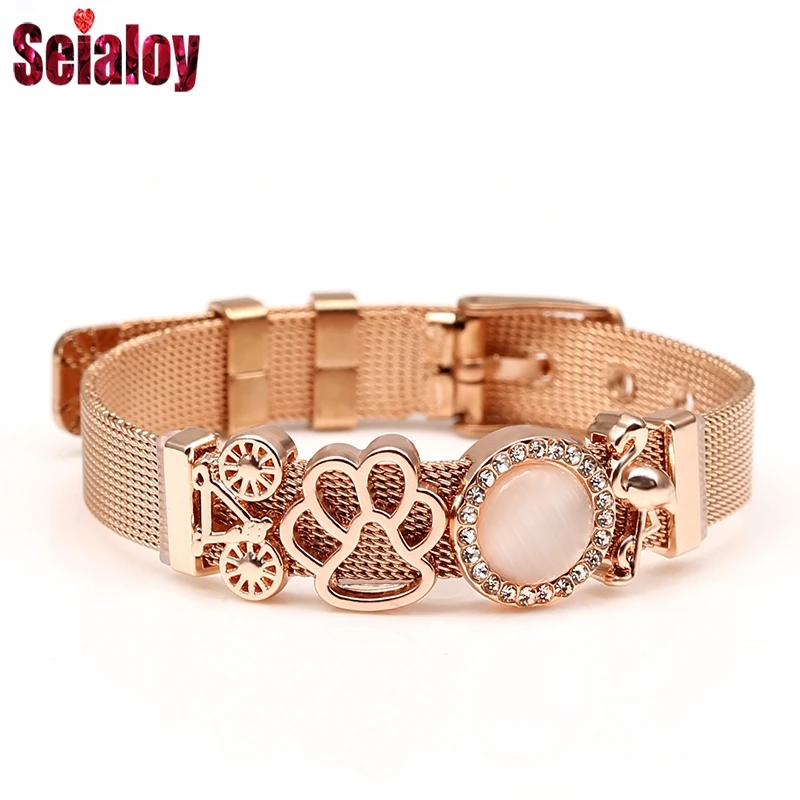 

Fashion Rose Gold Stainless Steel Mesh Wristband Bracelets For Women Men Heart Bear Paws Charm Brands Watch Belt Bracelet Gift