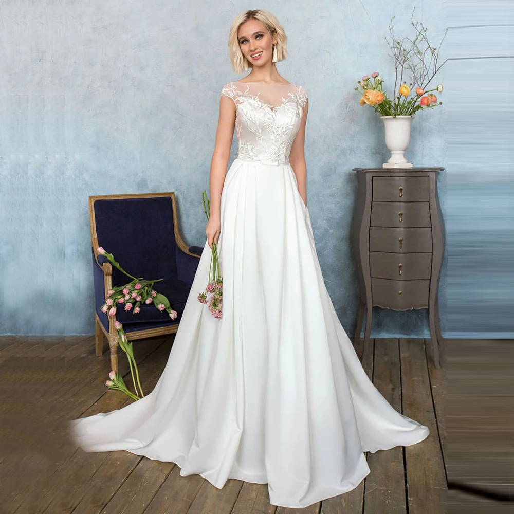 

Romantic Boat Neck Cap Sleeves A-line Wedding Dress with Robe de Mariee Illusion Bodice Plus Size White/Ivory Satin Bridal Gown