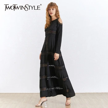 

TWOTWINSTYLE Lace Ptachwork Women's Dress O Neck Off Shoulder Long Sleeve High Waist Sashes Hollow Out Dresses Female 2020