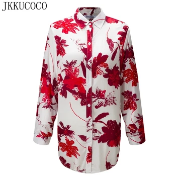 

JKKUCOCO Leaves Print Shirt Women shirts turn-down collar single-breasted shirt Women blouse thin loose Cotton Shirts 3 Color