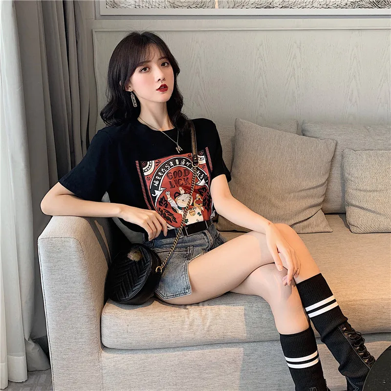 Internet celebrities spring women's short-sleeved t-shirt Korean version cash cat print loose cute T-shirt MP407 Internet celebrities spring women's short-sleeved t-shirt Korean version cash cat print loose cute T-shirt MP407