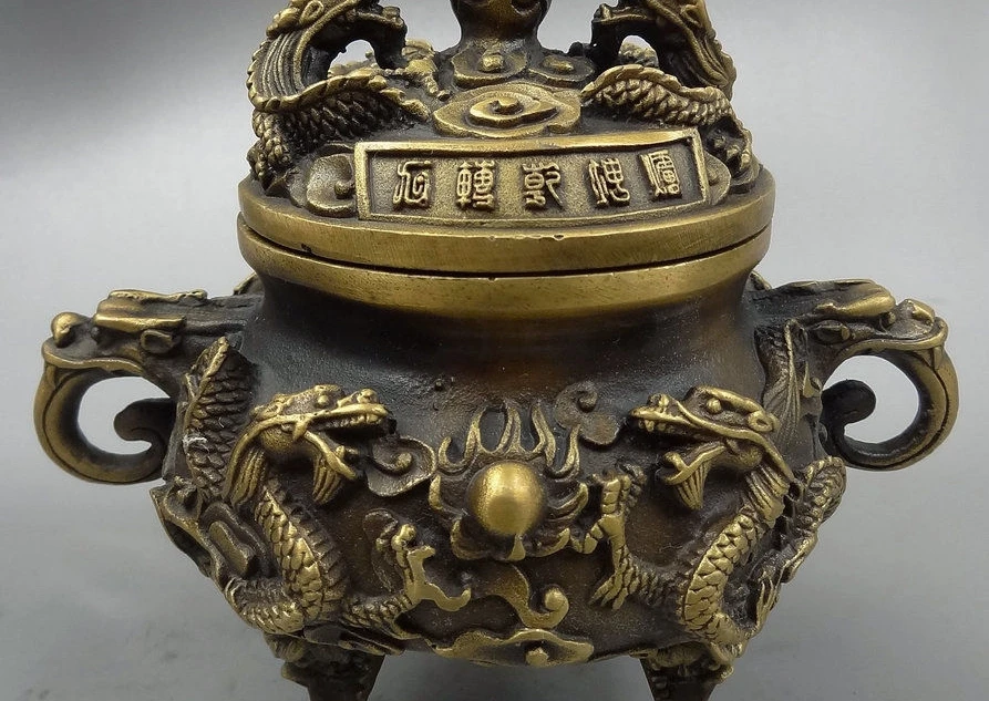 

Folk China Chinese Bronze 2 Dragon Pearl Auspicious Statue Incense Burner Censer