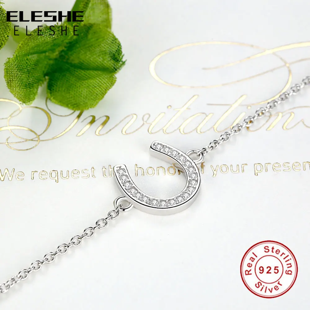 ELESHE 100% 925 Sterling Silver Bracelet Crystal Alphabet Letter Hook U Shape Charms Bracelet for Women Party Fashion Jewelry
