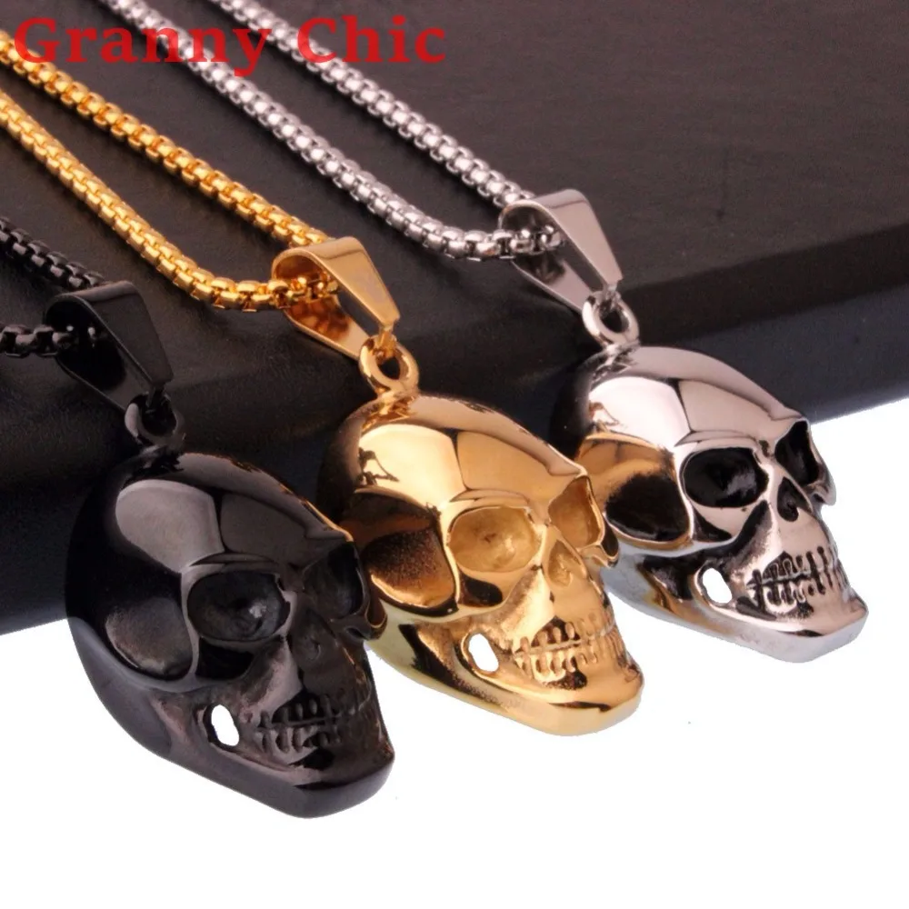 

Granny Chic Silver Gold Black Punk Men's Jewelry Necklace Stainless Steel Gothic Skull Pendant Necklace for Man Free 24" Chain