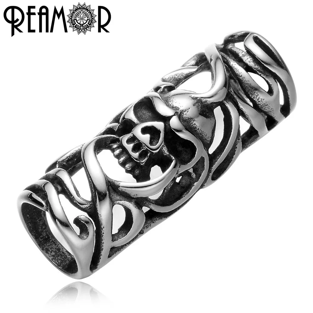 

REAMOR 316l Stainless Steel Hollowing European Skull Large Holes Cylinder Beads Charms For DIY Leather Bracelet Jewelry Making
