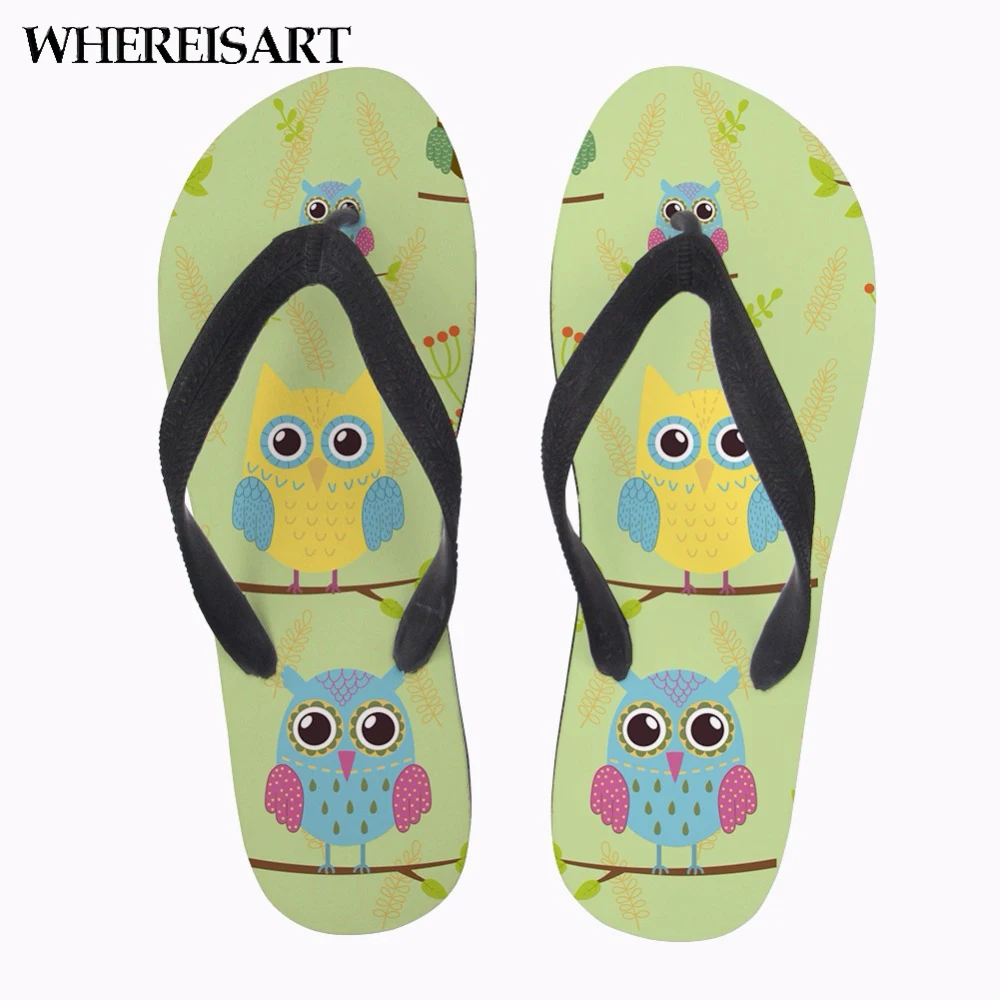 

WHEREISART Cartoon Cute Owl Pattern Women Flip Flops Woman Casual Flats Female Slippers Home Non-slip Flip Flops for Ladies