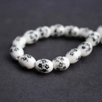 

28Pcs Oval Ceramic Beads 10.4mm*8mm Black Blossom for jewelry making