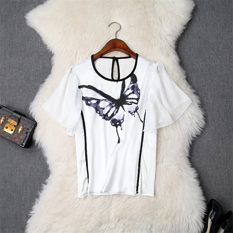 Элегантная женская Повседневная Женский комплект 2 шт. летняя одежда шифоновая блузка с принтом и рукавами-бабочками и брюки с высокой талией