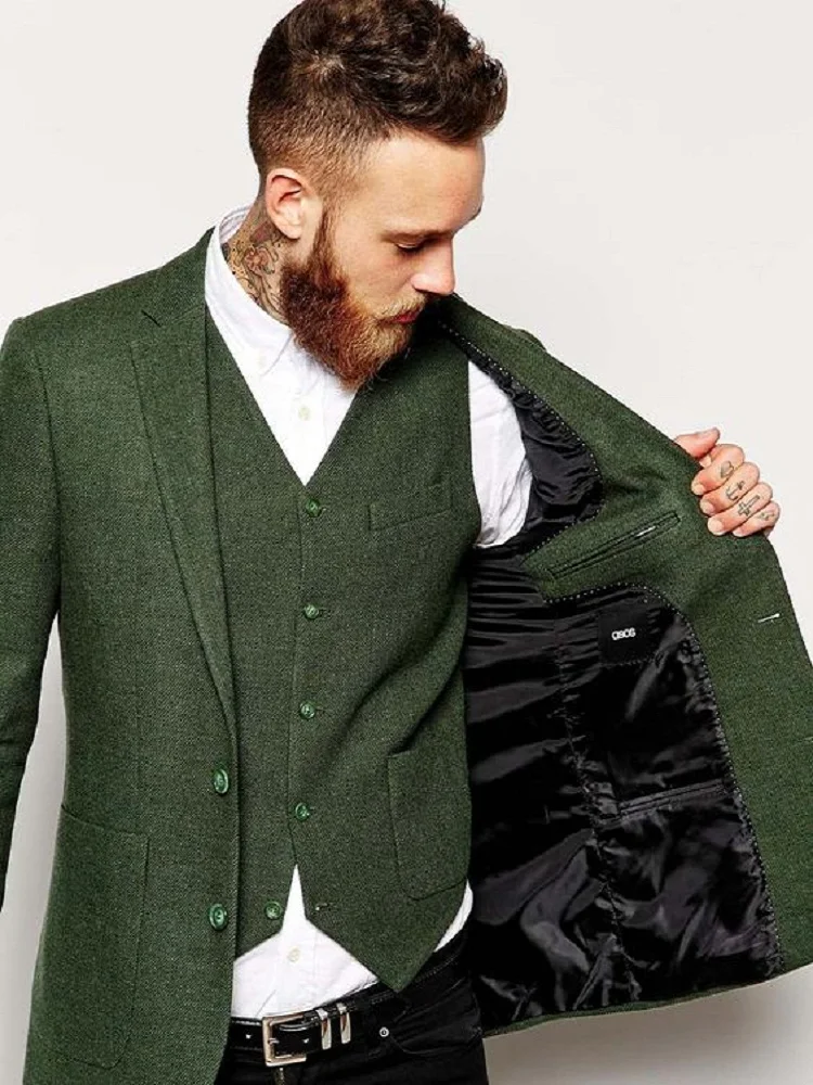 Зеленый твидовый мужской костюм для свадьбы жених винтажный костюм мужской блейзер пальто куртка Slim Fit смокинг 3 шт. костюм с брюками жилет