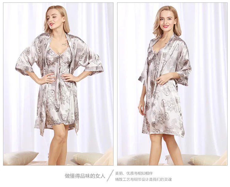 Новый бренд атласный шелковый халат и платье комплект плюс размеры двойка чулок пижамы + купальный с принтом пикантные для женщин Ночное