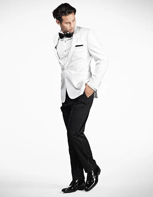 

2018Sprinmg New Style Shawl Lapel Modern Fit White Tuxedos One Button Three Pockets Men Suit Wedding Wears(Jacket+Pants+Bow Tie)