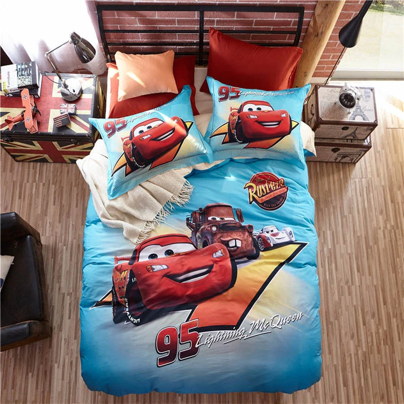 Disney Cartoon Bedding 3D Mcqueen Car Bed Linens Kids Twin Size Bed Set