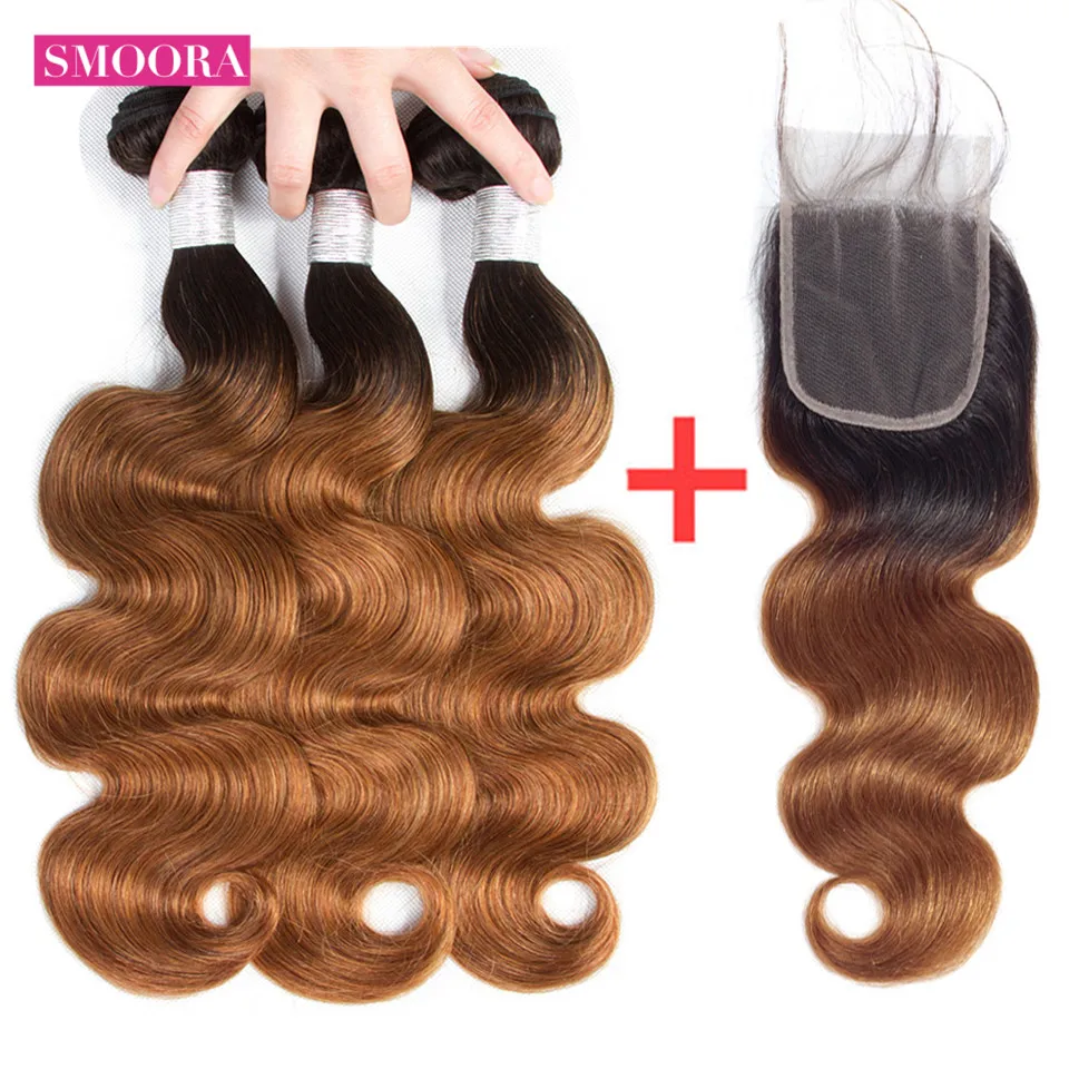

Smoora Body Wave Ombre Hair Peruvian 3 Bundles with Closure 4*4 Non Remy Human Hair Extensions Ombre Blonde Burgundy Red Brown