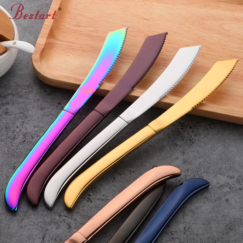 7PCS Rainbow Colorful Steak Knife Sharp Set Polished Stainless Steel Kitchen Dinnerware Restaurant Cutlery Western Food Knife