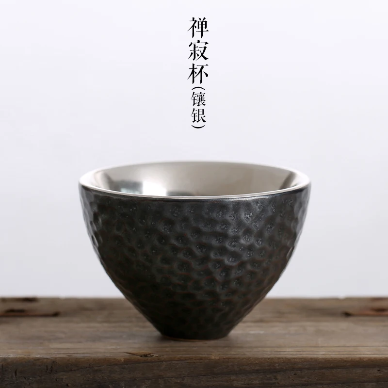

Porcelain silver tea cup 999 silver kung fu cup pure hand-made Japanese-style coarse pottery cup gift for family and friends
