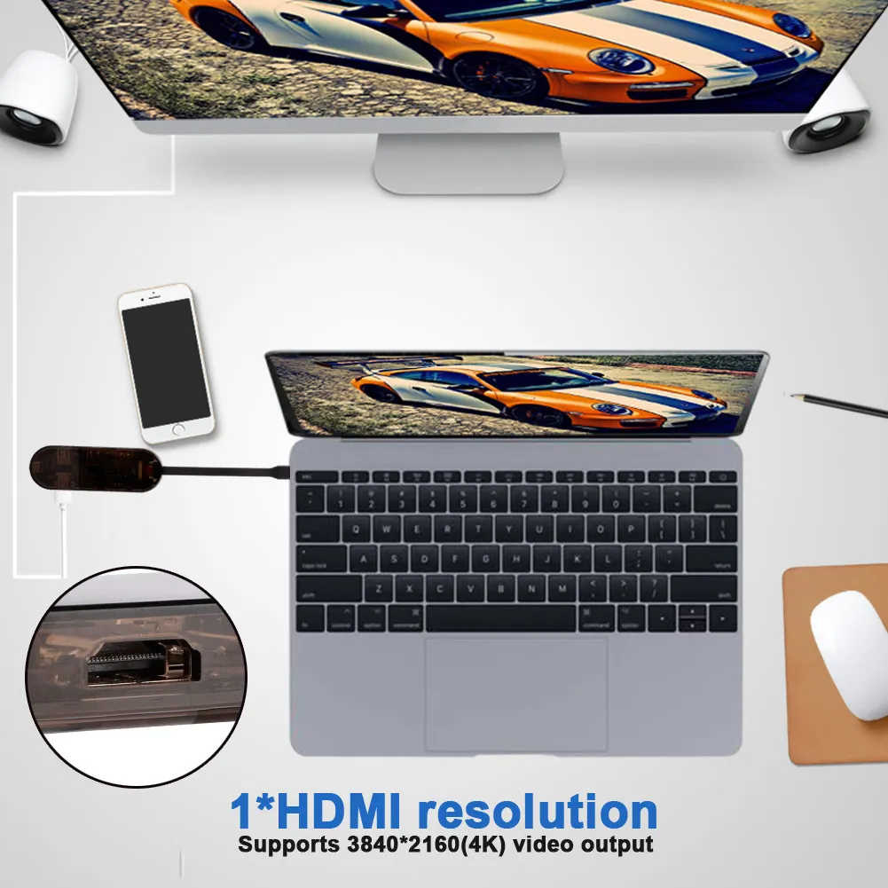 7 в 1 тип-c USB-C к HDMI 4K PD зарядный концентратор конвертер адаптер(1* usb 2,0+ 1* usb 3,0+ 1* sd+ 1* tf+ 1* hdmi+ 19 type-c