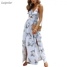 Women's Boho Beach Dresses-Summer Floral Bohemian Spaghetti Strap Slit Cut Out Swing Maxi Dress Laipelar cut out spaghetti strap bikini set