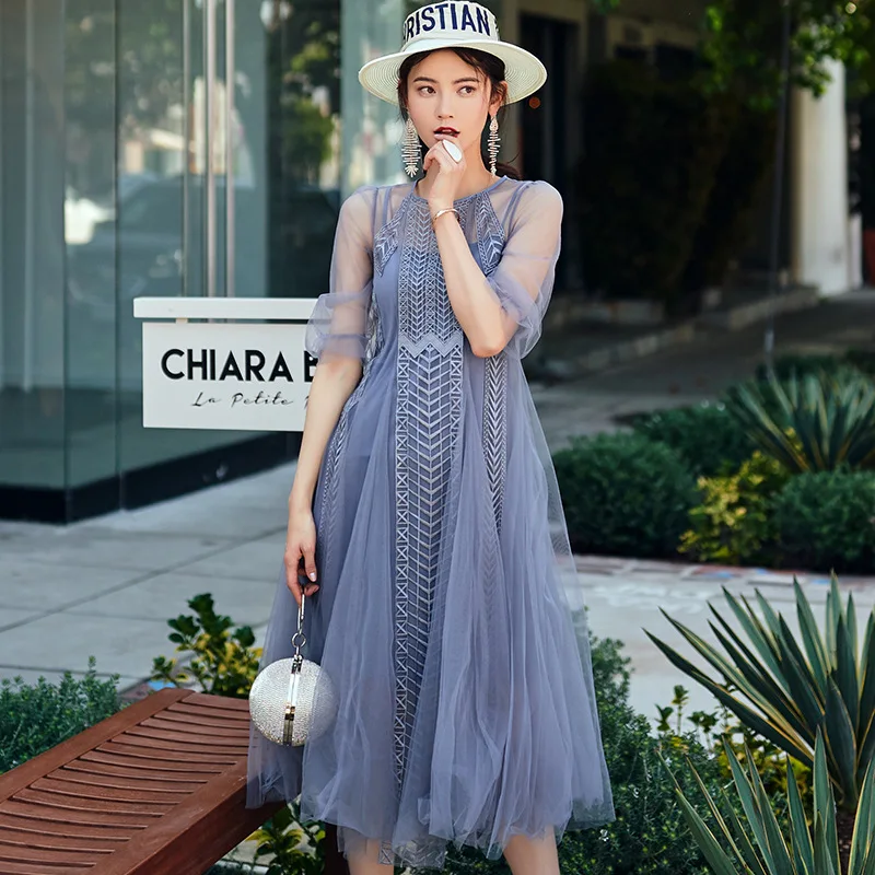 

Fashion Sexy Embroidery Mesh Transparent Dress Set Woman Summer Outfits 2019 New High Street Style Womens Two Piece Sets