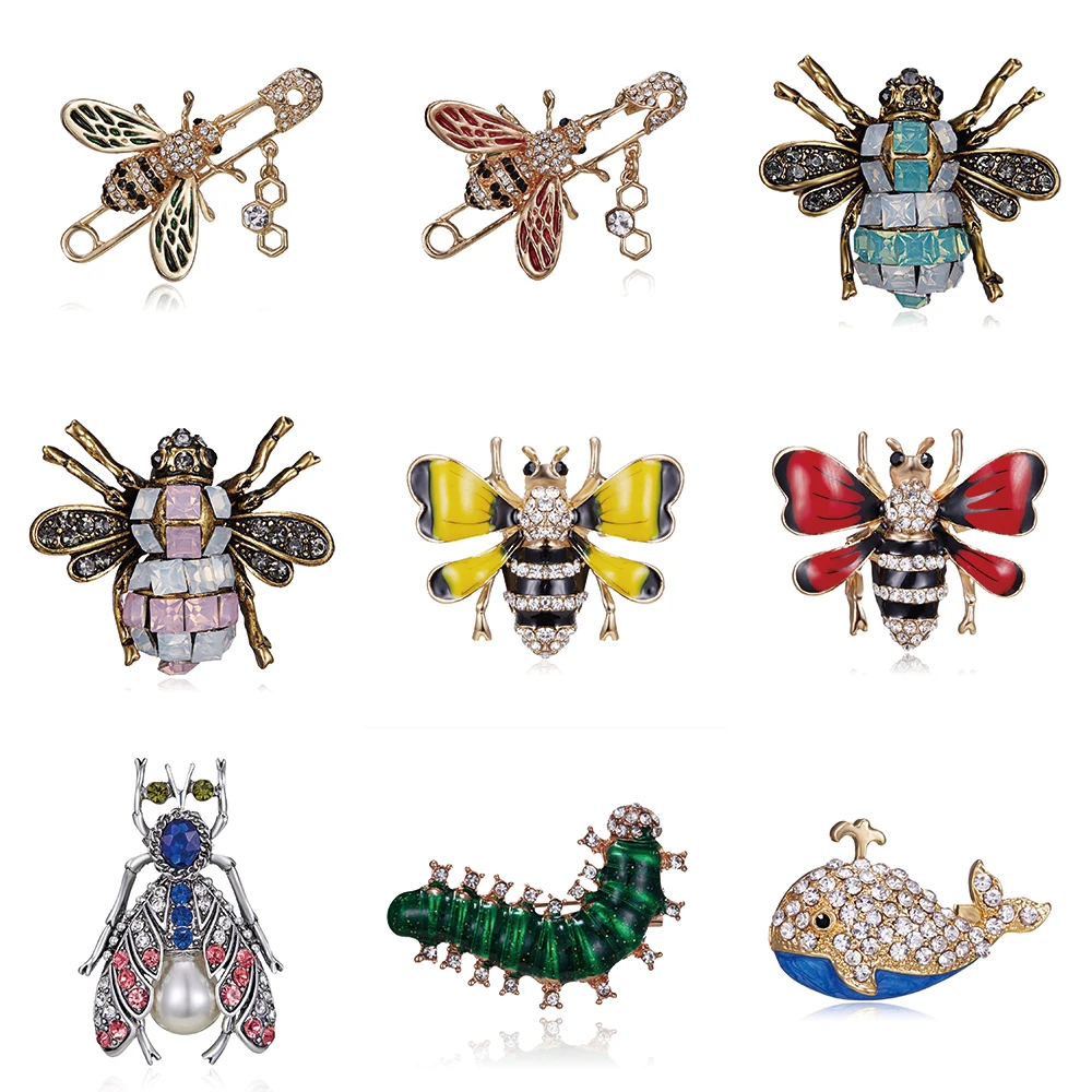

dolphin worm Honeybee Women Brooches Animal Shapes Crystal Red Green Bee Brooch Pins 63*48mm Badges For Clothes Female Brooches