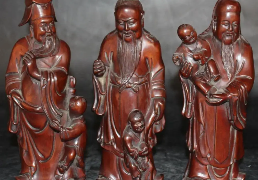 

Real Huanghuali Wood 3 Longevity God Fu Lu Shou Life Wealth Tong Zi Statue Set