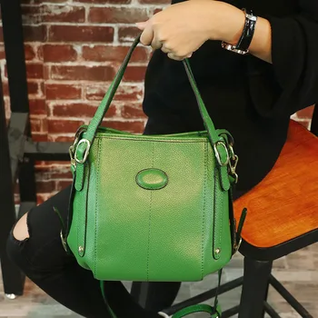 

Women's Genuine Leather Handbags European and American Style Women Shoulder Crossbody Bags Women Solid Color Bucket Bags Lady