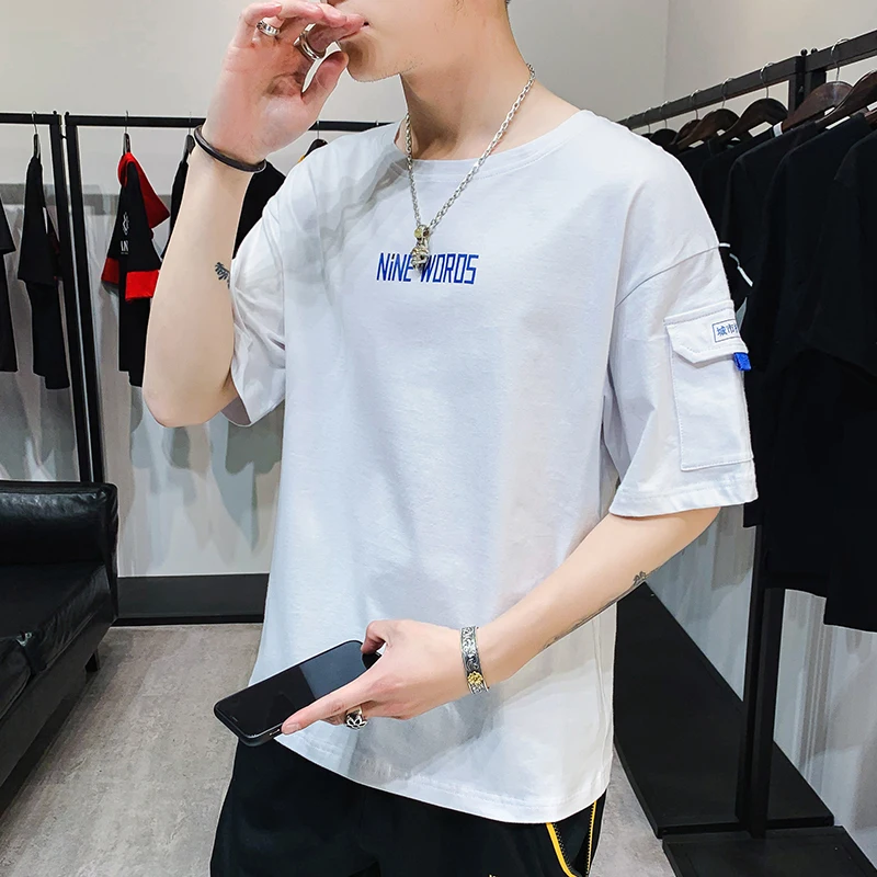 

Safari Style Male T-Shirt Letter Printing Men's T-Shirts Pocket O-Neck Summer Man's Short-Sleeved T-Shirt