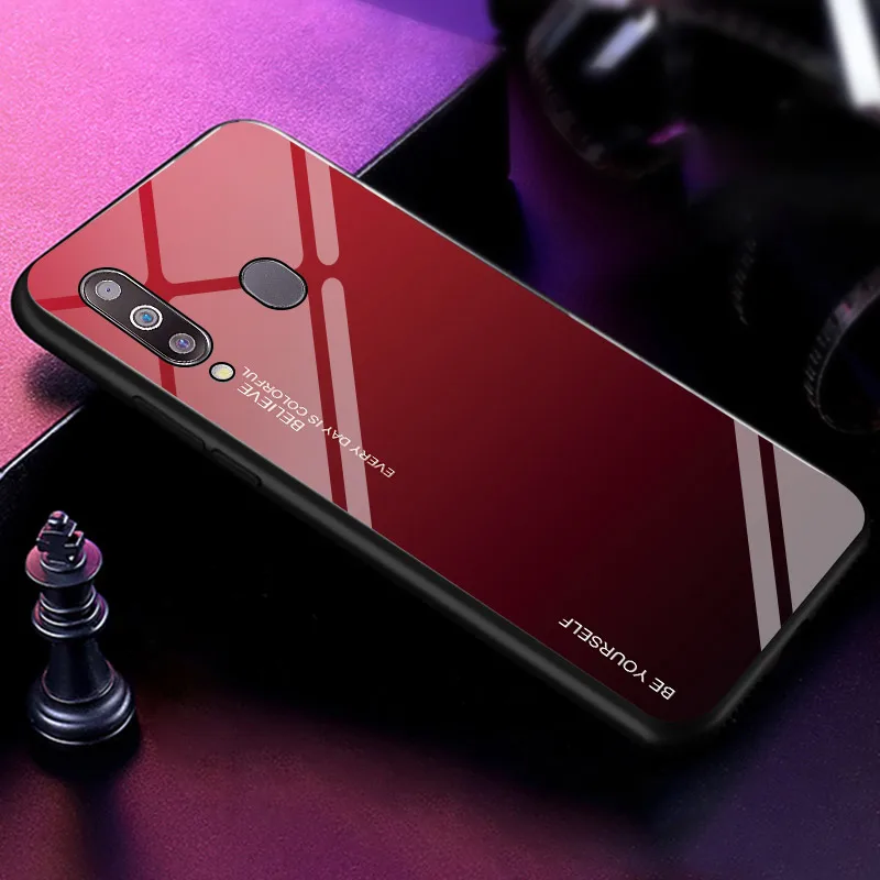 Градиентный чехол из закаленного стекла для телефона для samsung Galaxy A10 A20 A20E A30 A50 A70 M10 M20 M30 S10 S10e плюс ударные Красочная обложка - Цвет: Red