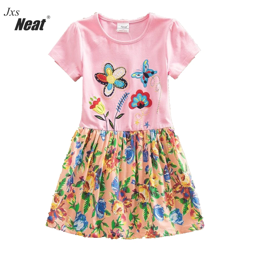 

Girl Summer Dress NEAT Round Collar Cotton Girl Clothing Flower Pattern Print Pink Lovely Clothes Girl Short Sleeve Dress H6250