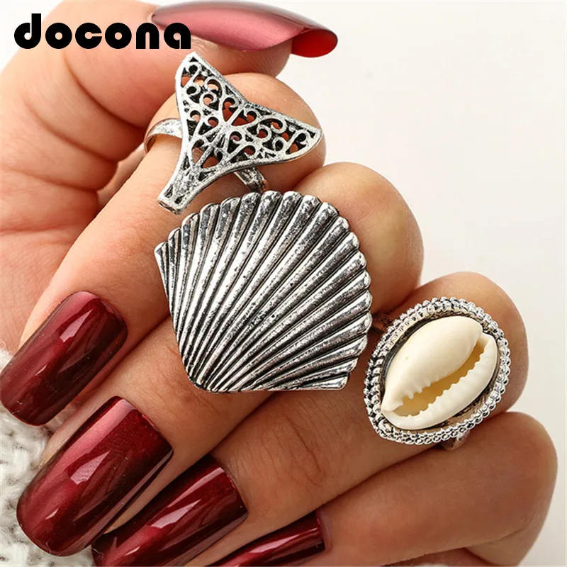 

docona Vintage Sliver Fox Shell Rings Set for Women Midi Finger Ring Sets Hollow Ring Party Bar Jewelry Brincos 3pcs/set 4549