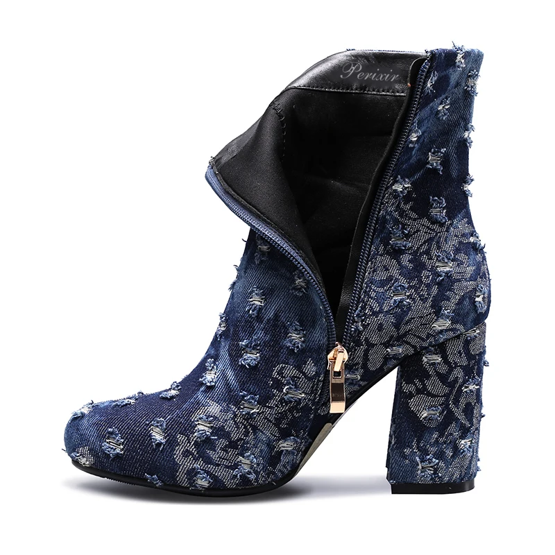 2019 Autumn Winter Women Ankle Boots Print Broken Denim Round Toe High Heels Fashion Ladies Martin Boot Shoes