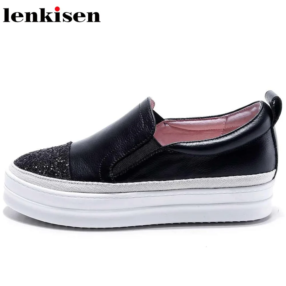 

Lenkisen 2018 new arrival round toe slip on solid concise preppy style brand bling shoes med heel office lady women pumps L06